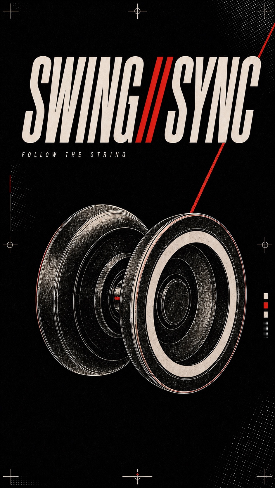 SWING//SYNC FOLLOW THE STRING。右側の赤いストリングと競技用ヨーヨーを描いたエディトリアルイラスト